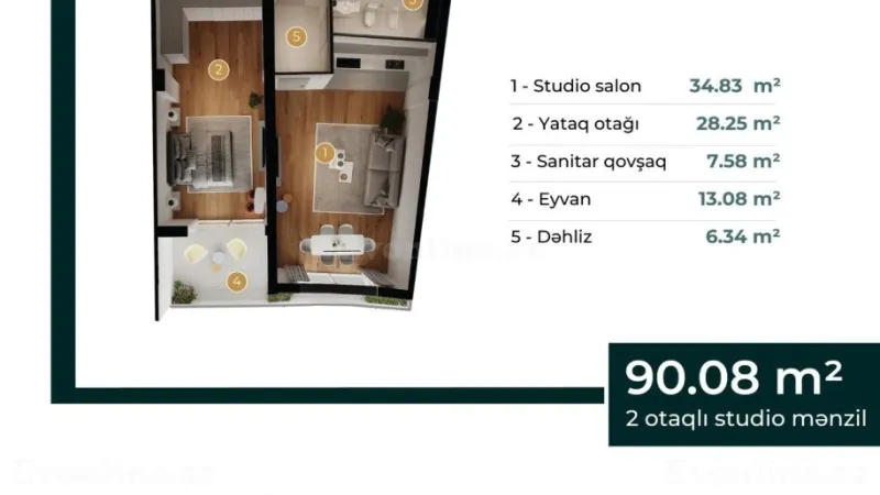 Satılır 2 otaqlı Mənzil Yeni tikili 91 m² Biləcəri - şəkil 2