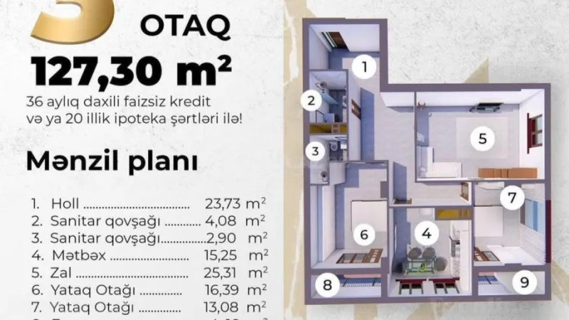 Satılır 3 otaqlı Mənzil Yeni tikili 127 m² 28 May m. - şəkil 2