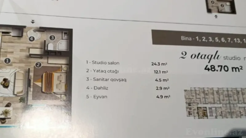 Satılır 2 otaqlı Mənzil Yeni tikili 48.7 m² Sumqayıt - şəkil 2