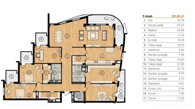 Satılır 5 otaqlı Mənzil Yeni tikili 303 m² Səbail r. - şəkil 2
