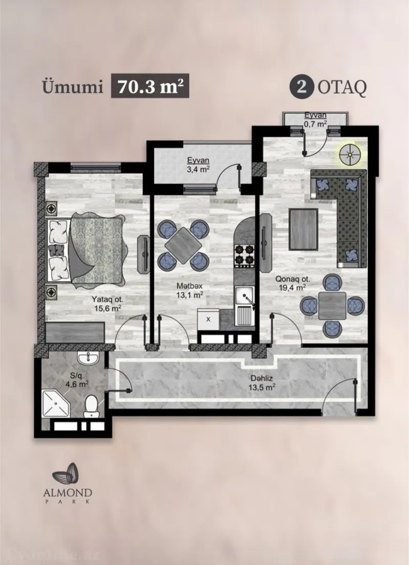Satılır 2 otaqlı Mənzil Yeni tikili 70.3 m² Sabunçu r. - şəkil 2