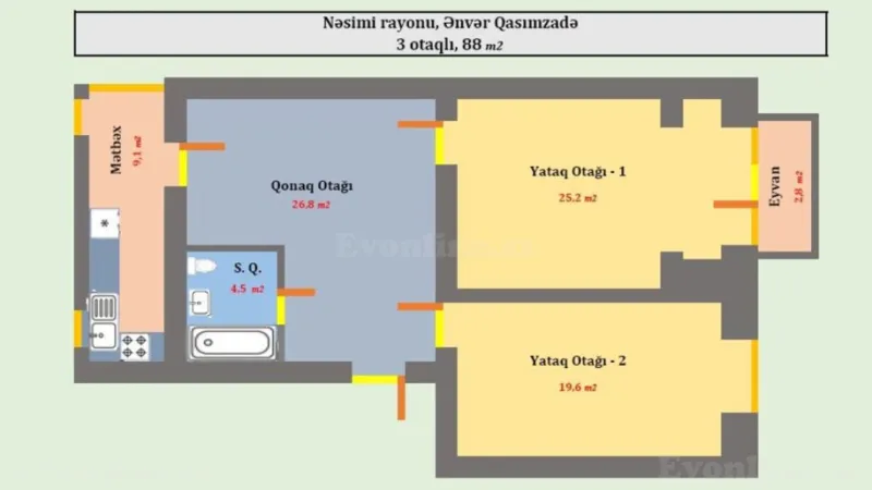 Satılır 3 otaqlı Mənzil Yeni tikili 88 m² Nəsimi r. - şəkil 5