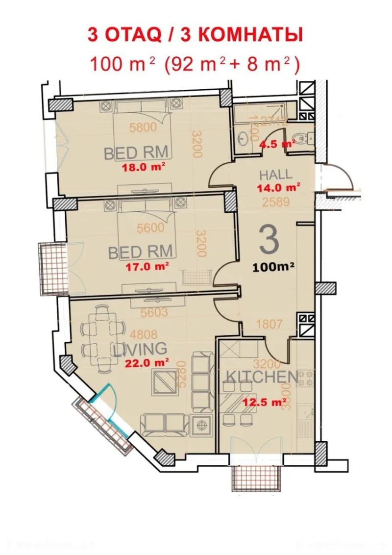 Satılır 3 otaqlı Mənzil Yeni tikili 100 m² Xətai r. - şəkil 4