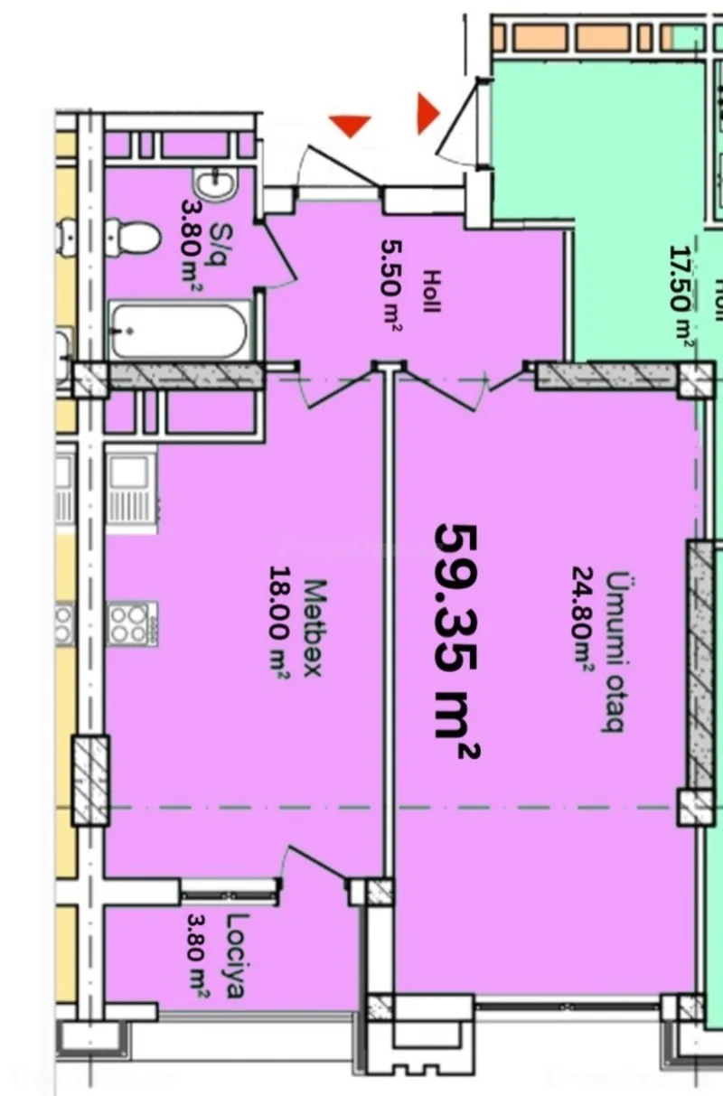 Satılır 1 otaqlı Mənzil Yeni tikili 59.6 m² Azadlıq prospekti m. - şəkil 2