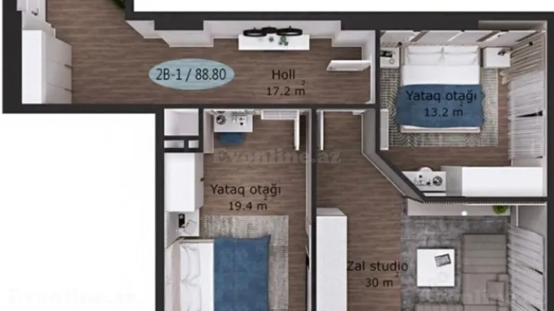 Satılır 2 otaqlı Mənzil Yeni tikili 88.8 m² 20 Yanvar m. - şəkil 2