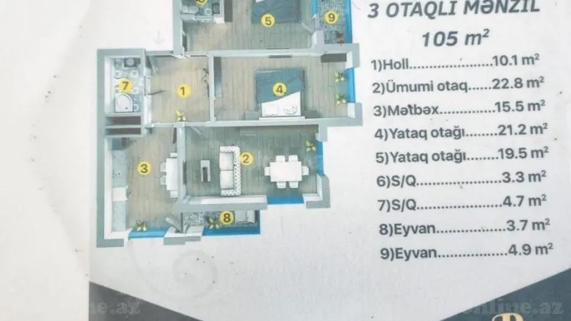 Satılır 3 otaqlı Mənzil Yeni tikili 105 m² Xətai m. - şəkil 2
