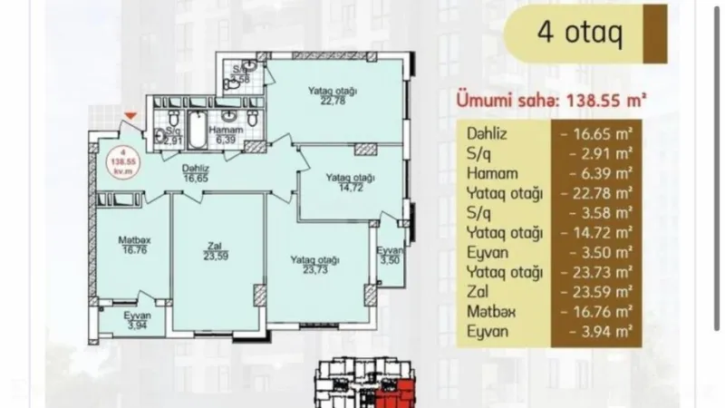 Satılır 4 otaqlı Mənzil Yeni tikili 139 m² 8-ci mikrorayon - şəkil 3