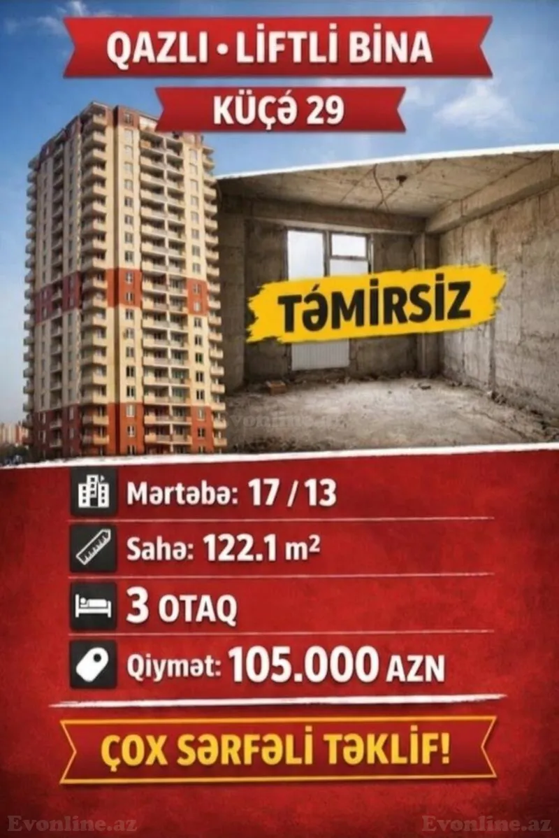3 otaqlı Mənzil 122 m² Abşeron r. Satılır