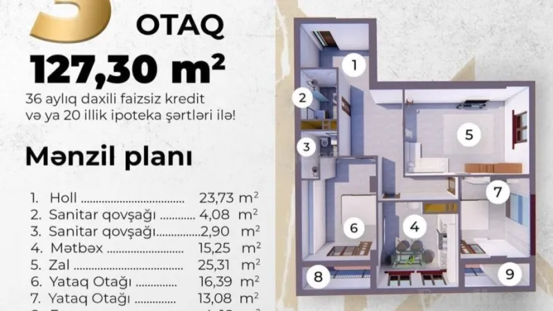 Satılır 3 otaqlı Mənzil Yeni tikili 127 m² 28 May m. - şəkil 10