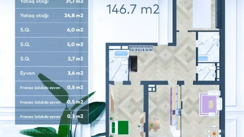 Satılır 3 otaqlı Mənzil Yeni tikili 146.7 m² Nəsimi r. - şəkil 2