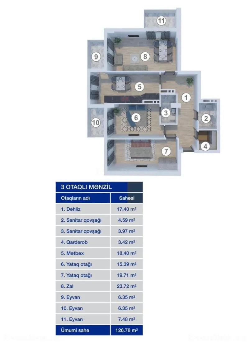 Satılır 3 otaqlı Mənzil Yeni tikili 126.7 m² Koroğlu m. - şəkil 3