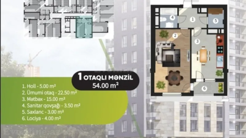 Satılır 1 otaqlı Mənzil Yeni tikili 54 m² Binəqədi r. - şəkil 4