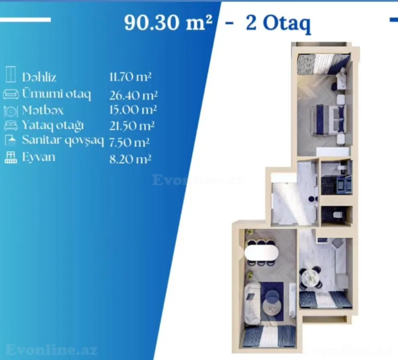 Satılır 2 otaqlı Mənzil Yeni tikili 90.3 m² 7-ci mikrorayon - şəkil 9