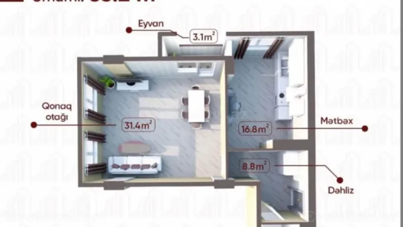 Satılır 2 otaqlı Mənzil Yeni tikili 65.2 m² Azadlıq prospekti m. - şəkil 2