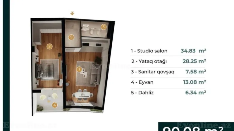 Satılır 2 otaqlı Mənzil Yeni tikili 90.8 m² Avtovağzal m. - şəkil 4