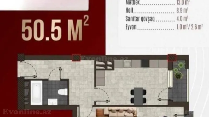 Satılır 1 otaqlı Mənzil Yeni tikili 50.5 m² 8 Noyabr m. - şəkil 2