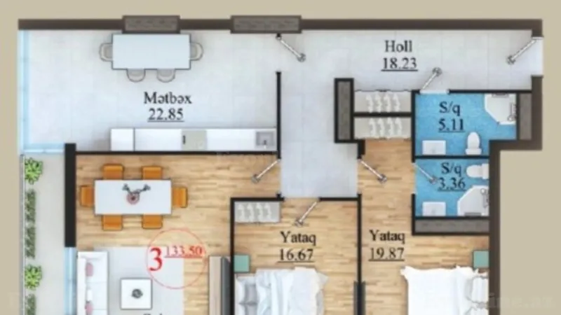 Satılır 3 otaqlı Mənzil Yeni tikili 134 m² Nizami m. - şəkil 2