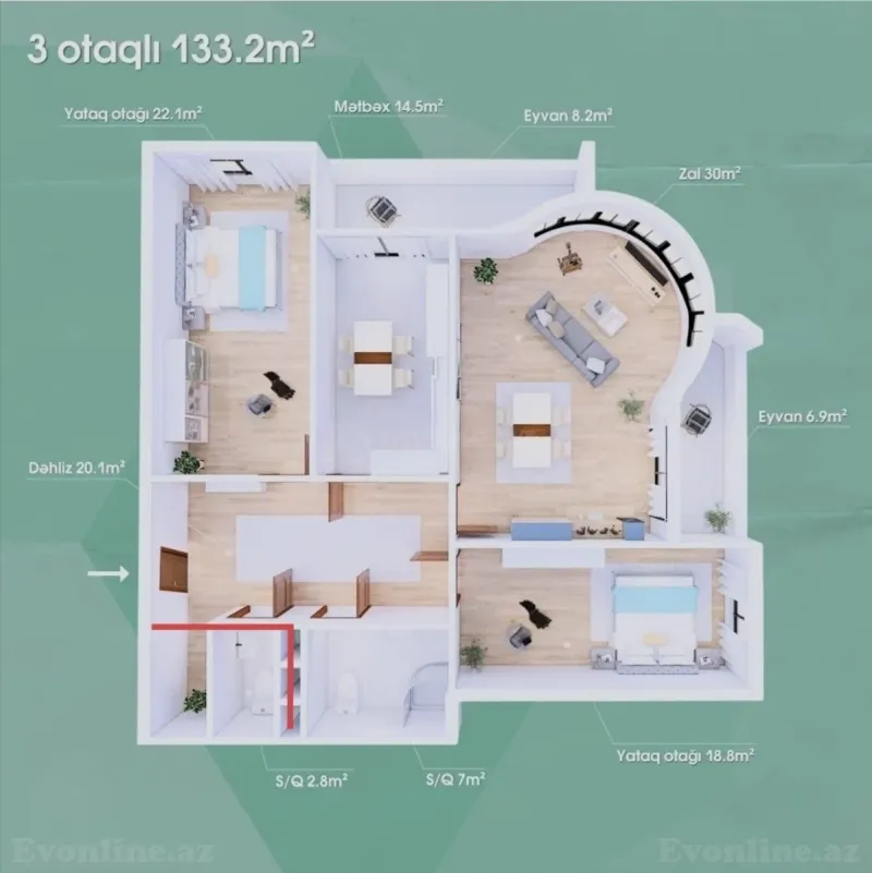Satılır 3 otaqlı Mənzil Yeni tikili 133 m² Həzi Aslanov m. - şəkil 16