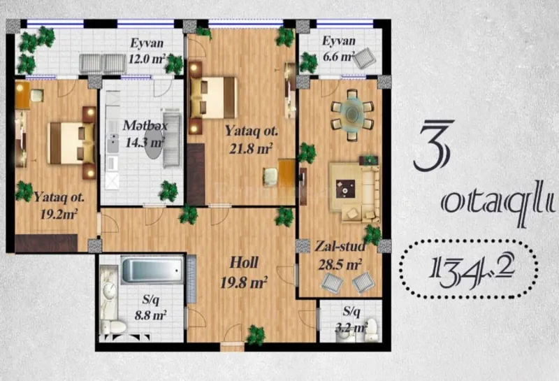 Satılır 3 otaqlı Mənzil Yeni tikili 134.2 m² Nərimanov r. - şəkil 4