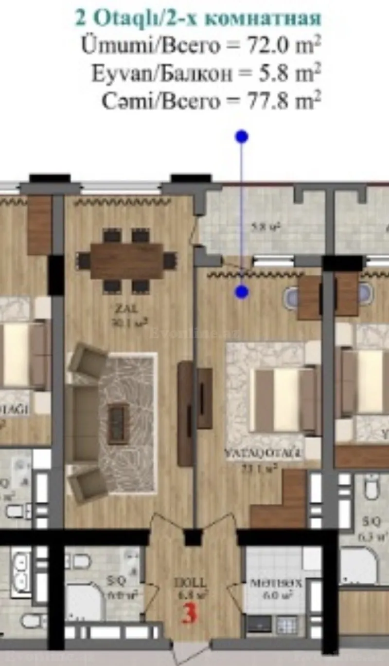 Satılır 2 otaqlı Mənzil Yeni tikili 78 m² 28 May m. - şəkil 2
