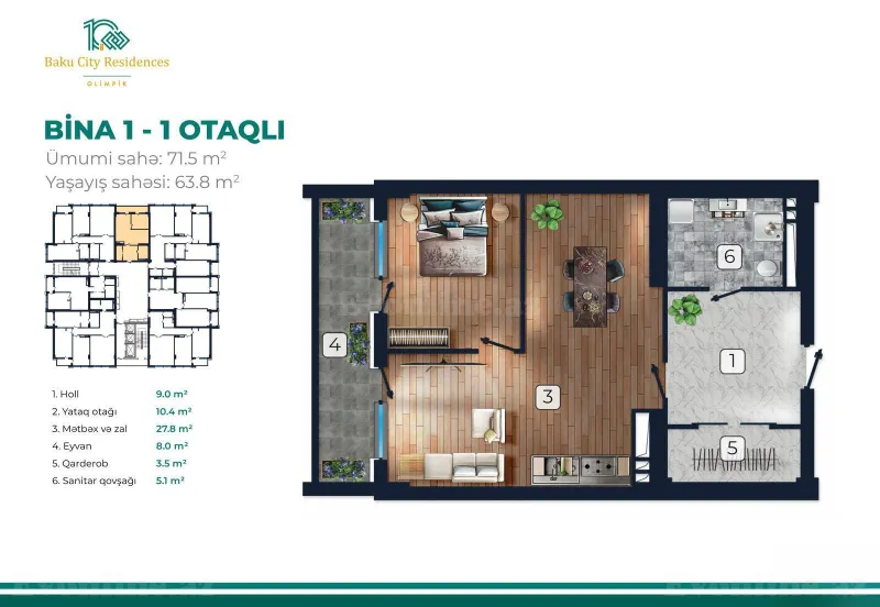 Satılır 2 otaqlı Mənzil Yeni tikili 71.5 m² Koroğlu m. - şəkil 12