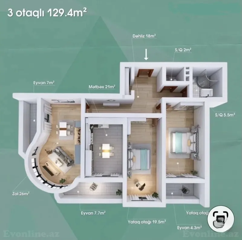 Satılır 3 otaqlı Mənzil Yeni tikili 129.4 m² Xətai r. - şəkil 2