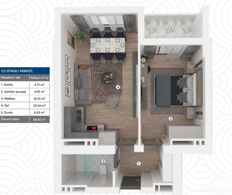 Satılır 1 otaqlı Mənzil Yeni tikili 58.5 m² Koroğlu m. - şəkil 8