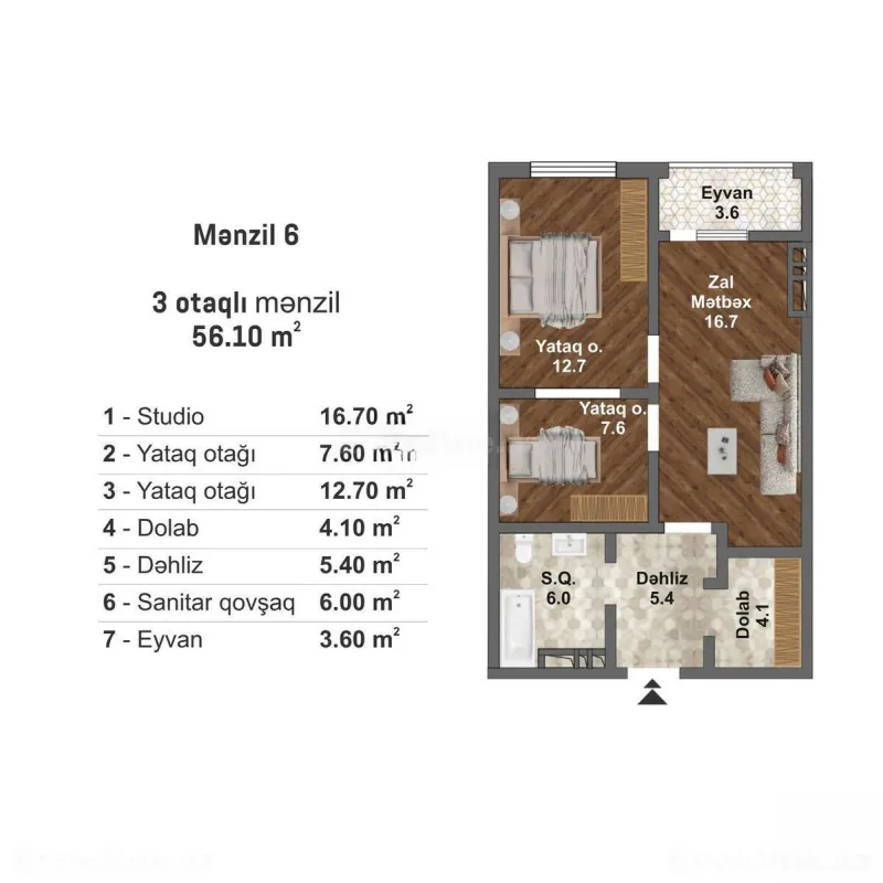Satılır 3 otaqlı Mənzil Yeni tikili 56.1 m² Abşeron r. - şəkil 2