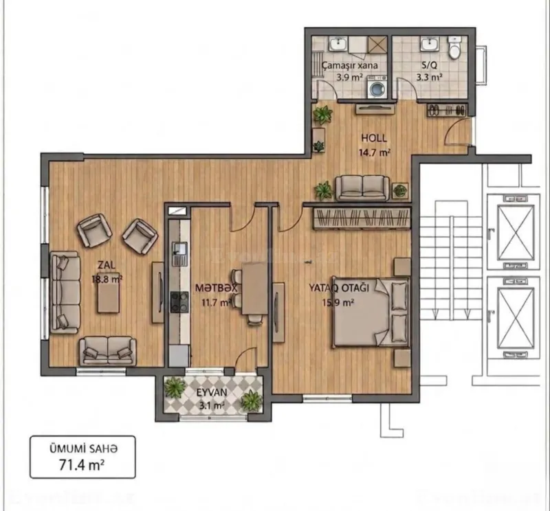 Satılır 2 otaqlı Mənzil Yeni tikili 71.4 m² Azadlıq prospekti m. - şəkil 17