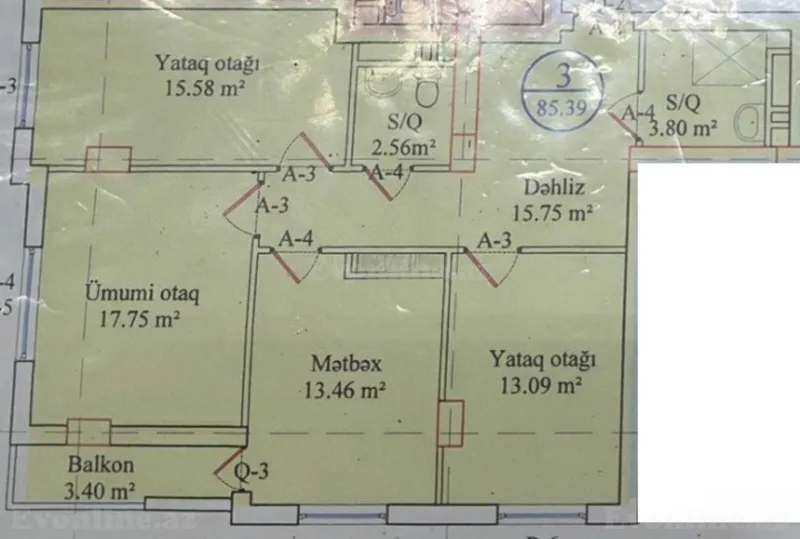 Satılır 4 otaqlı Mənzil Yeni tikili 88 m² Qara Qarayev m. - şəkil 2