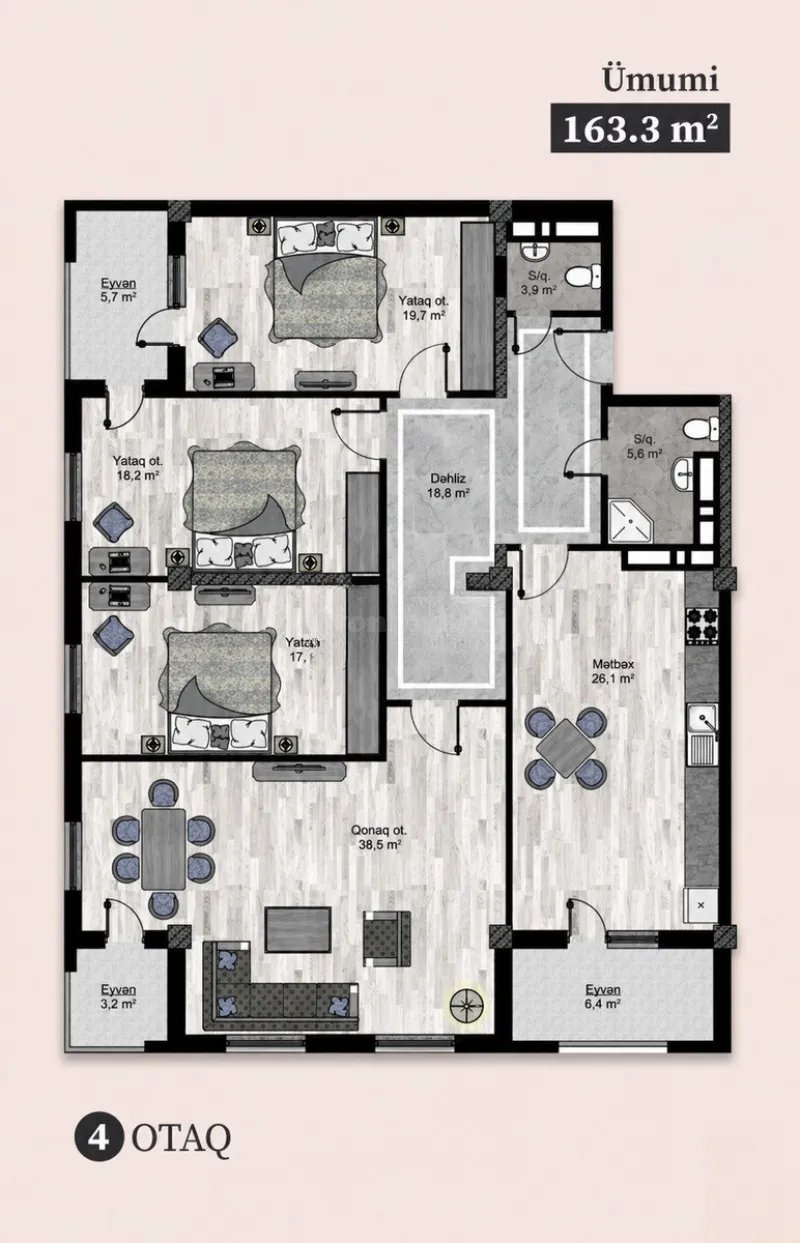 Satılır 4 otaqlı Mənzil Yeni tikili 163.3 m² Bakıxanov - şəkil 2