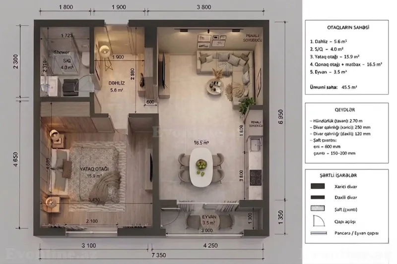 Satılır 2 otaqlı Mənzil Yeni tikili 45 m² Azadlıq prospekti m. - şəkil 4