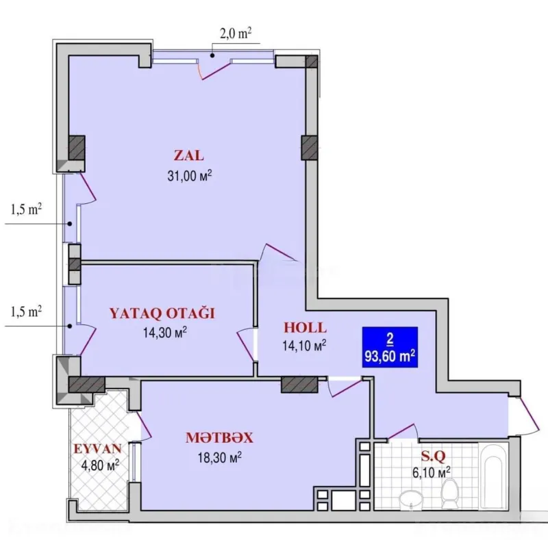 Satılır 2 otaqlı Mənzil Yeni tikili 94 m² Nəsimi r. - şəkil 4